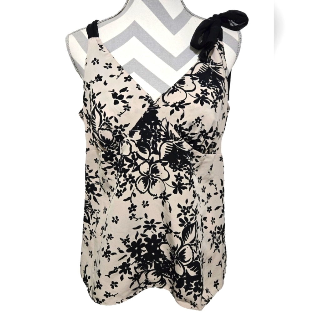 Daisy Fuentes Floral Print Sleeveless Top Tan Black Size Large